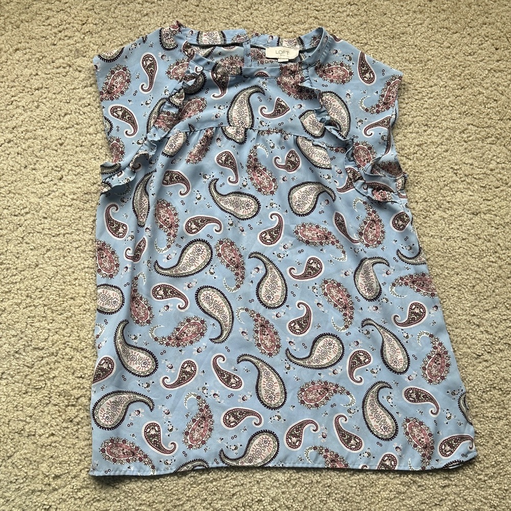 LOFT Blue Paisley Ruffle Sleeve Top